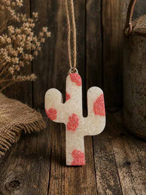 Desert Bloom Hanging Car Freshie - cactus shaped freshie with pink cow print design on jute rope