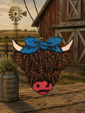 Hollow Creek Highland Car Freshie - brown glitter highland cow with blue bow