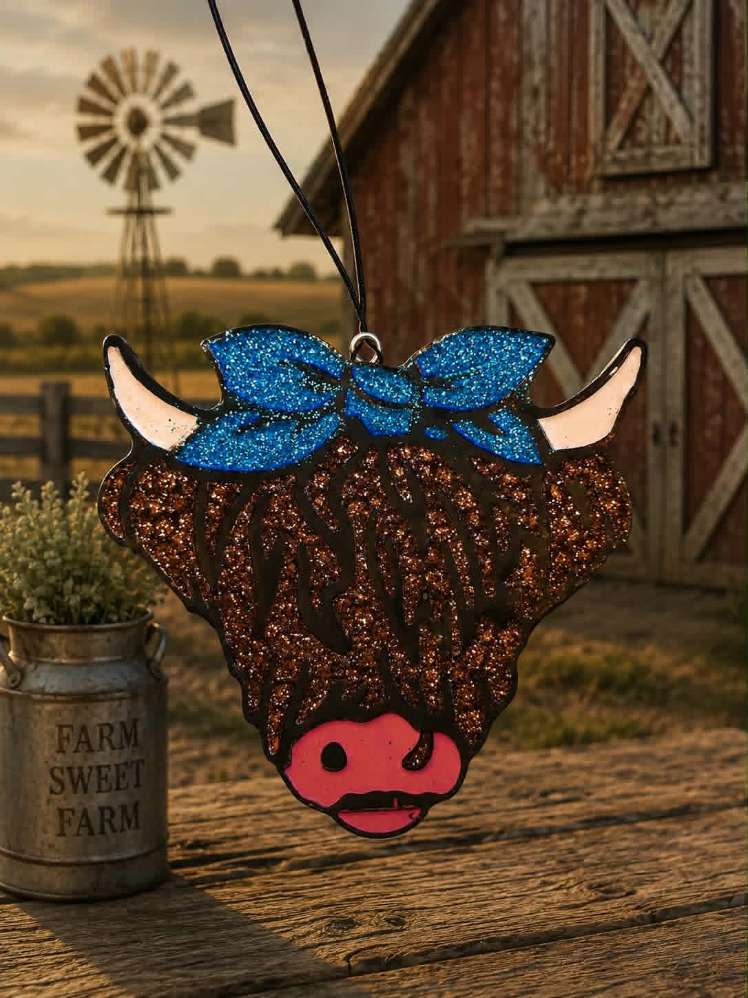 Hollow Creek Highland Car Freshie - brown glitter highland cow with blue bow