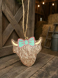 Bow'd Up Highland car freshie — glitter highland cow with mint and pink bow on twine hanger