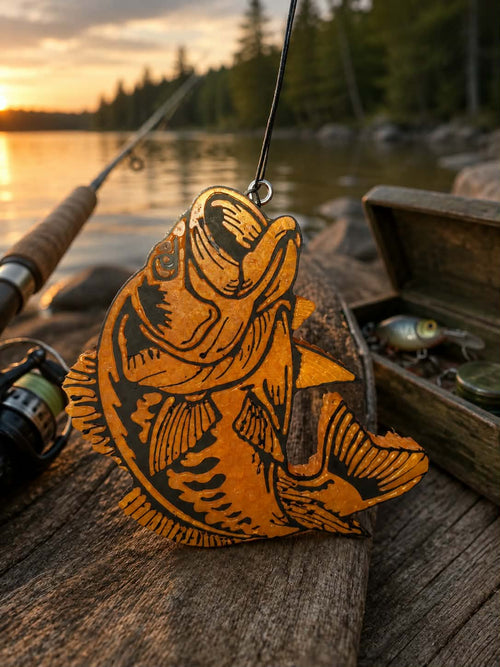 Gone Fishin' largemouth bass car freshie hanging at lakeside sunset